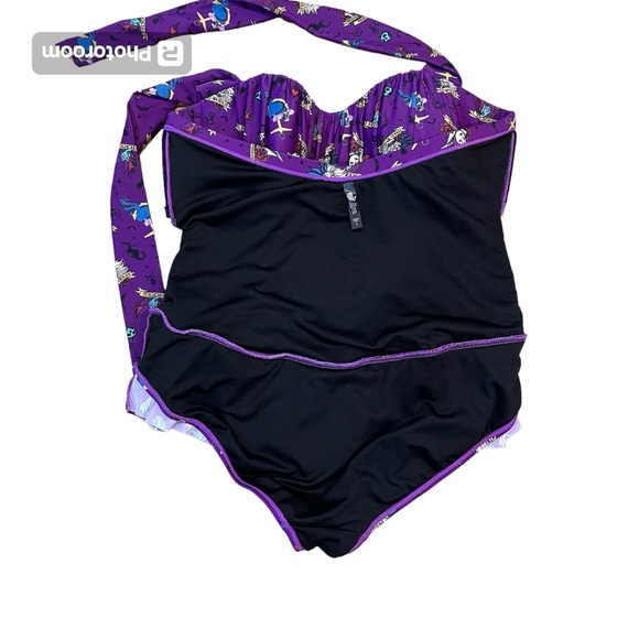 Disney Villains Plus Size Purple Tattoo Print Ruffle Swimsuit 1 Swimwear villain - Picture 5 of 12